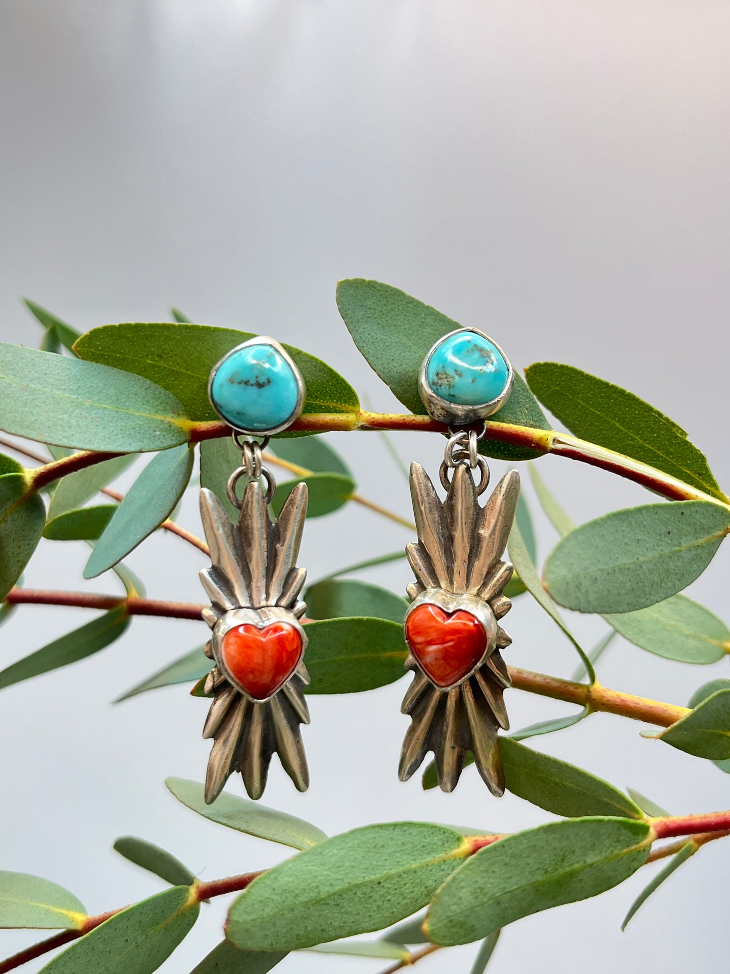 Spiny Oyster ♡ Heart & Turquoise SunBurst Dangle Earrings | Stud Post