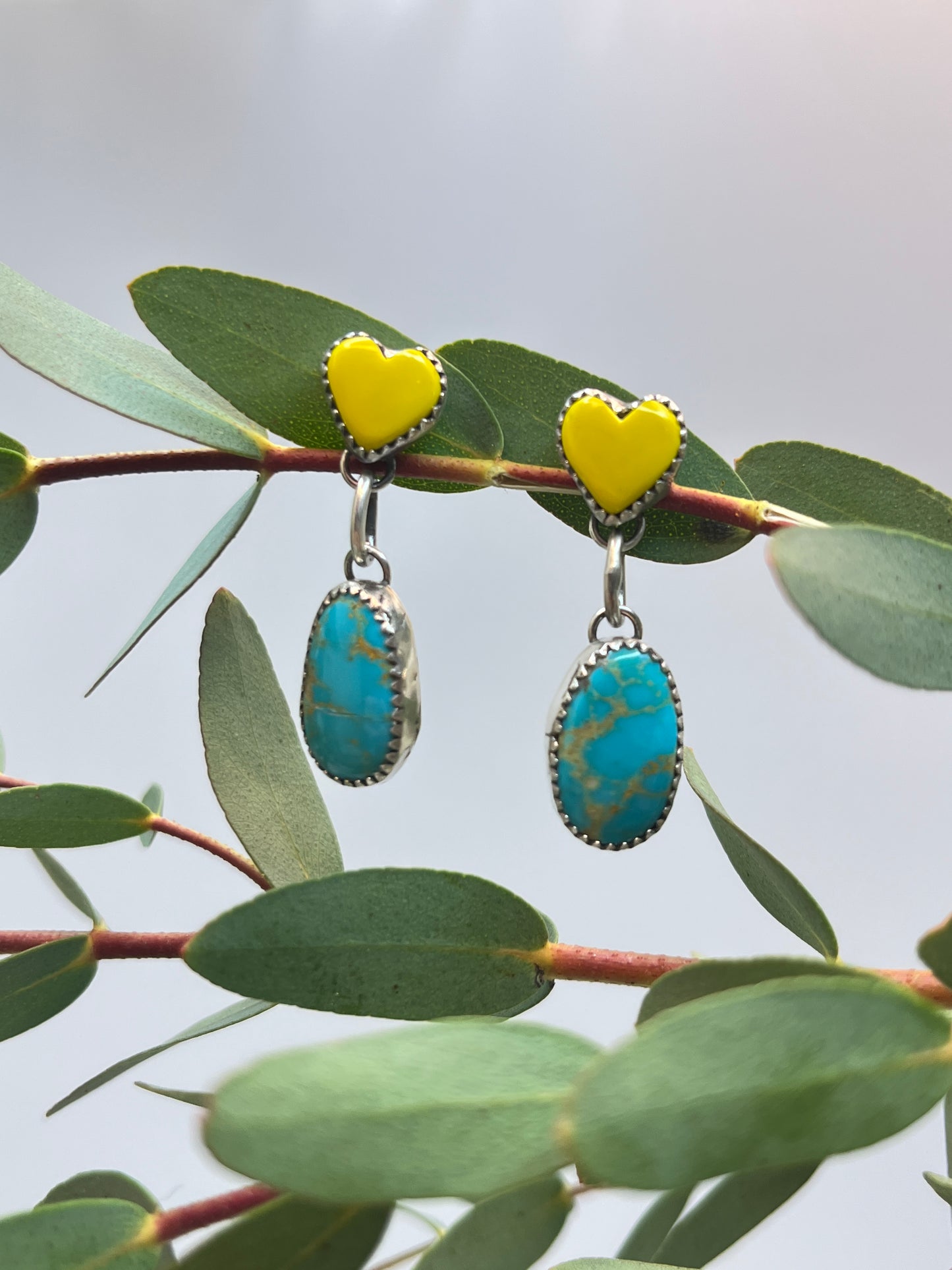 Yellow Rosarita ♡ Hearts & Kingman Turquoise Dangle Earrings | Stud Post