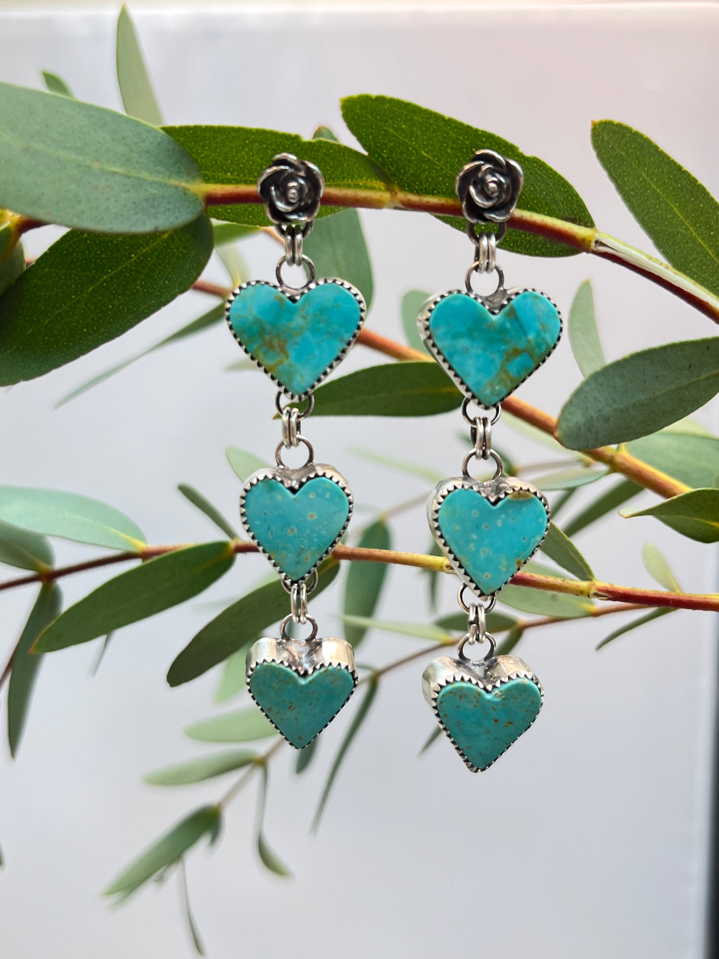 Tri-Heart ♡ Turquoise Dangle Earrings with Rose Top | Stud Post