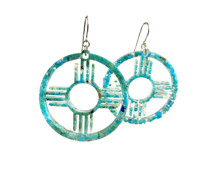 Large crushed Turquoise Zia Southwest ‘Enchanted ZIA’ Round Dangle Resin Earrings