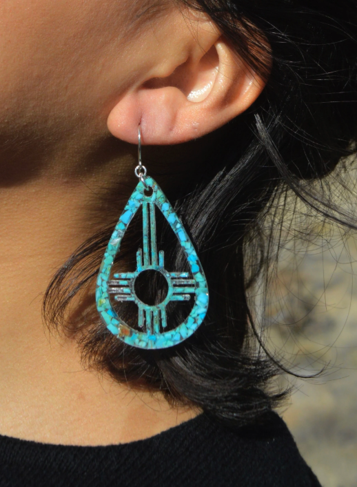 Crushed Turquoise Zia Southwest ‘Enchanted ZIA’ Dangle Resin Earrings