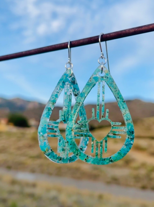 Crushed Turquoise Zia Southwest ‘Enchanted ZIA’ Heart Dangle Resin Earrings