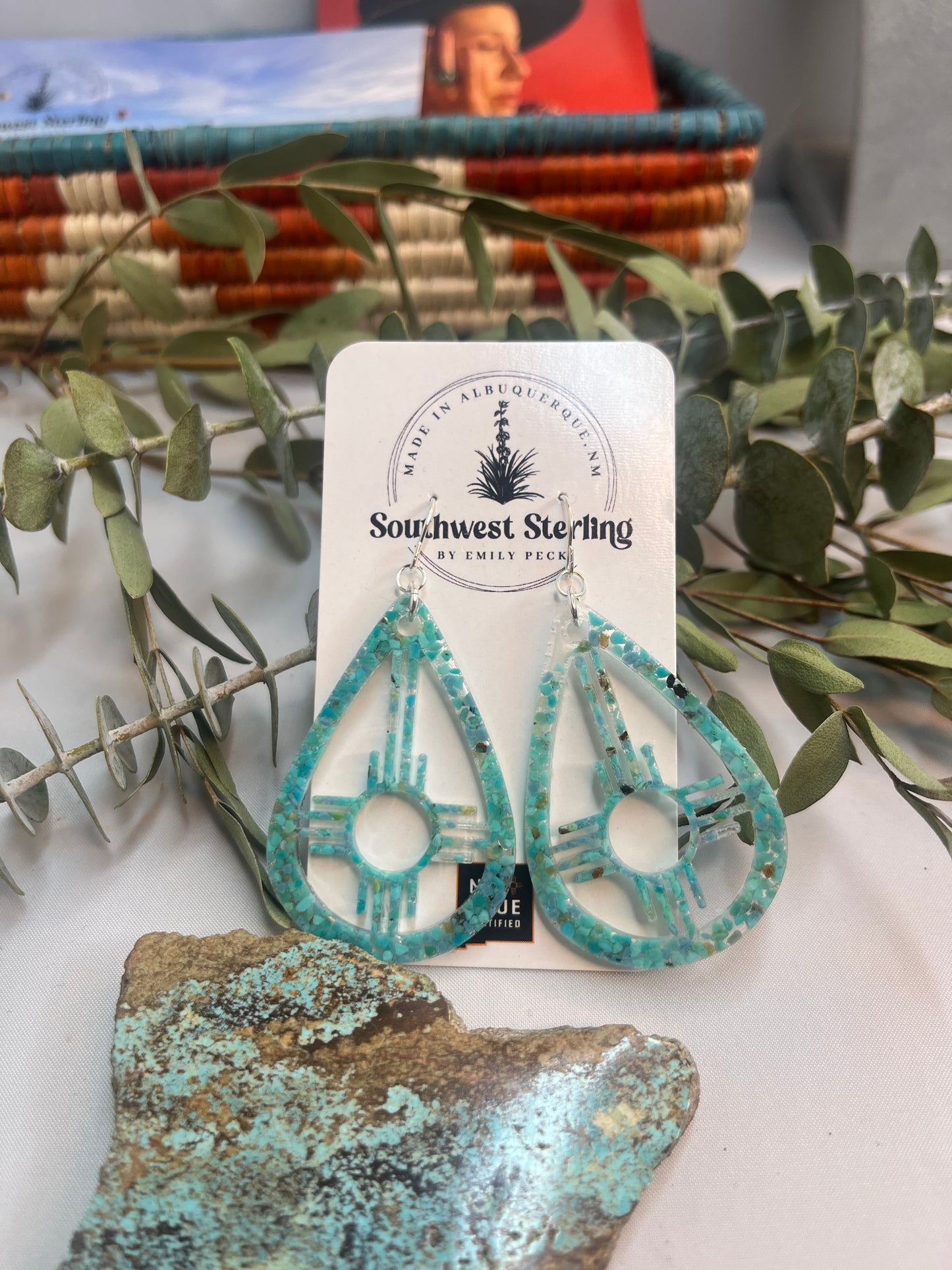 Crushed Turquoise Zia Southwest ‘Enchanted ZIA’ Dangle Resin Earrings