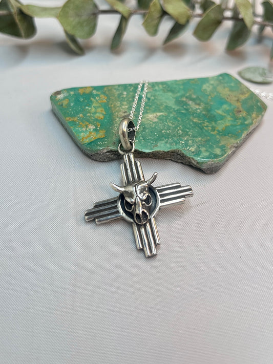 Sterling Silver Buffalo Skull Zia Pendant/Necklace | 18" Sterling Silver Chain