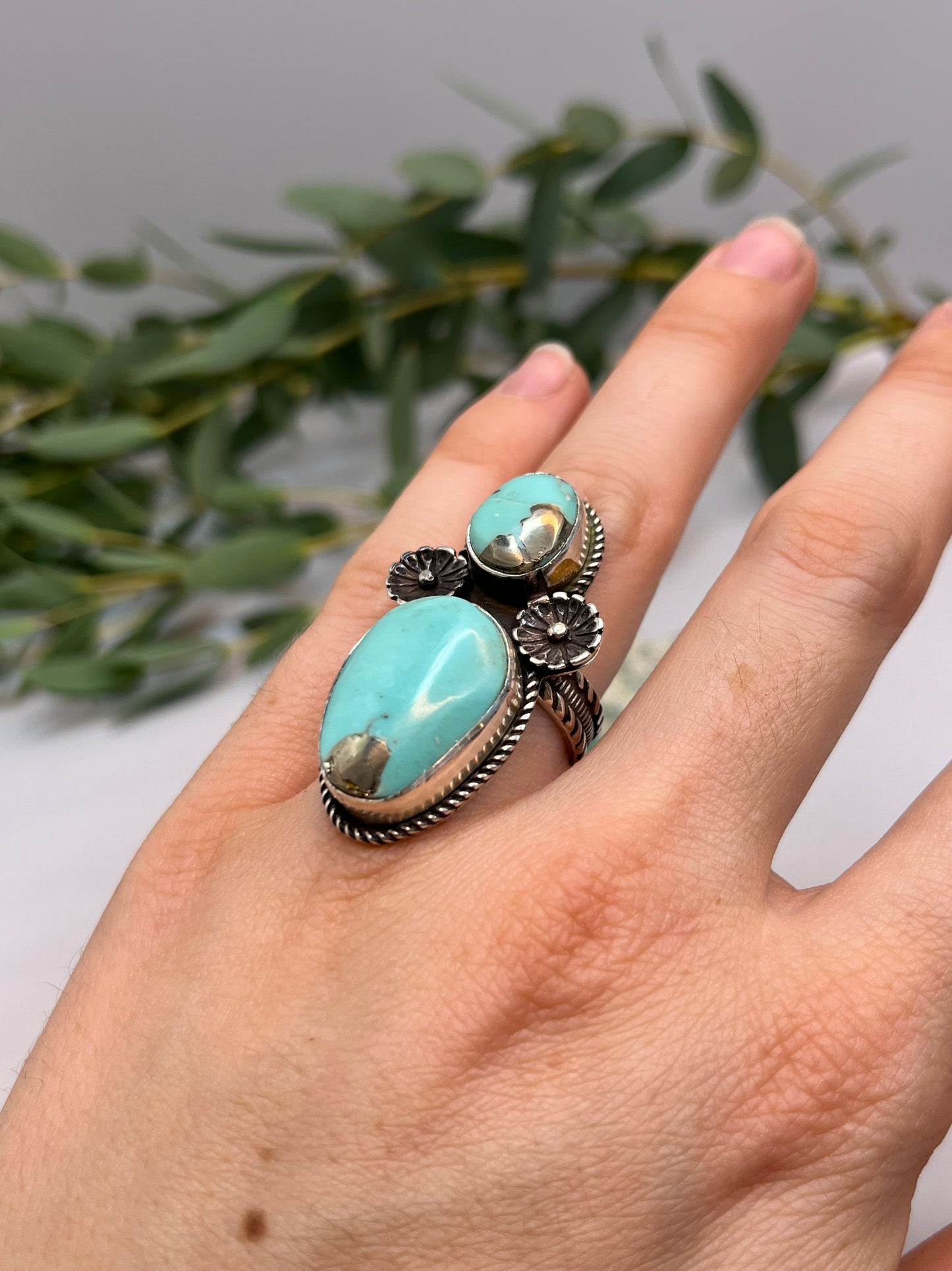 Double Blue Turquoise with Pyrite & Flower Blossom Ring | Size US 6.5