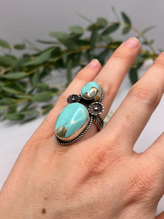 Double Blue Turquoise with Pyrite & Flower Blossom Ring | Size US 6.5