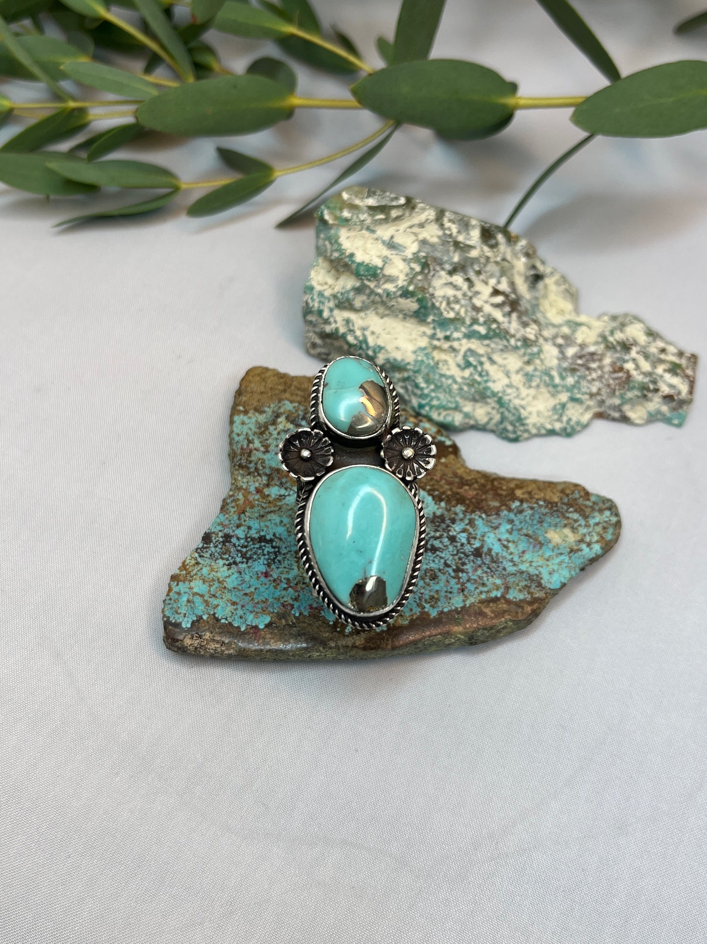 Double Blue Turquoise with Pyrite & Flower Blossom Ring | Size US 6.5