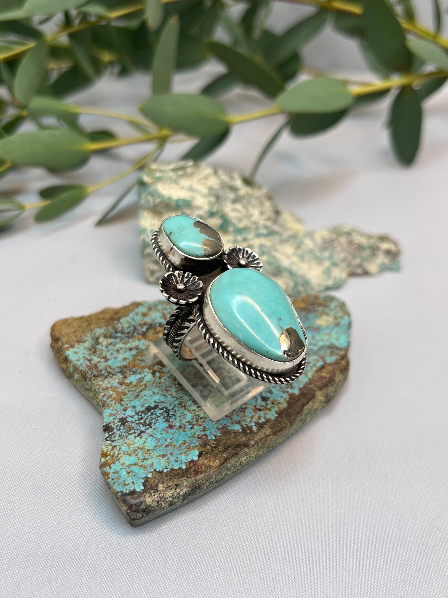 Double Blue Turquoise with Pyrite & Flower Blossom Ring | Size US 6.5