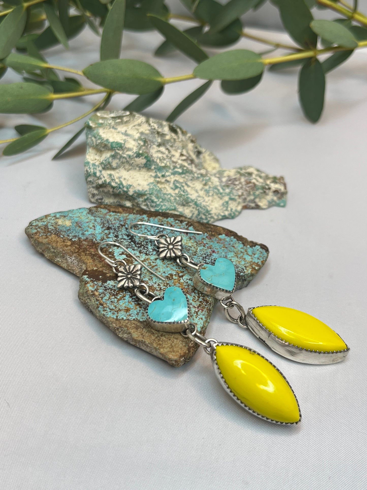 Turquoise ♡ Hearts & Yellow Rosarita Dangle Earrings | French Hook