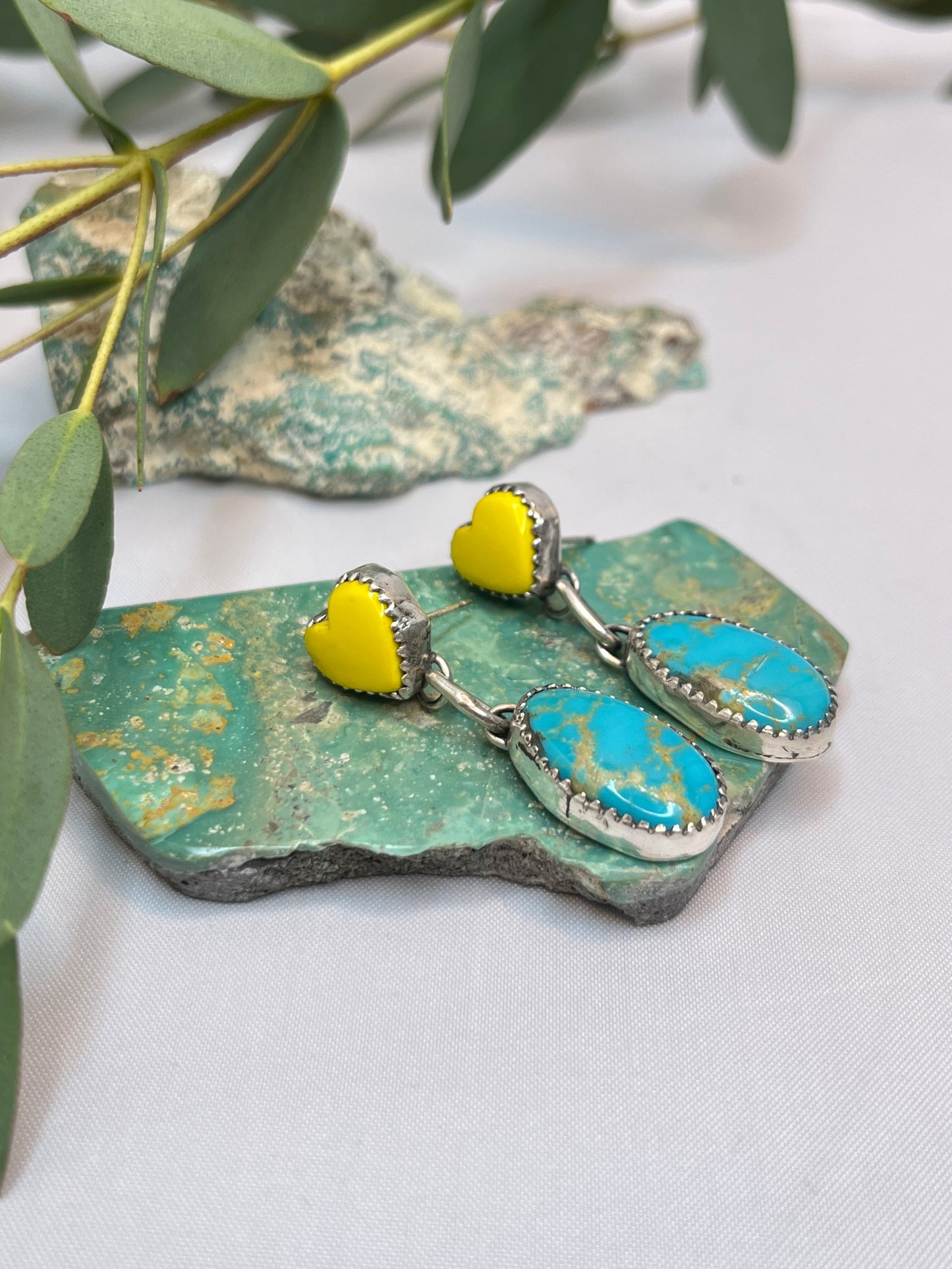 Yellow Rosarita ♡ Hearts & Kingman Turquoise Dangle Earrings | Stud Post