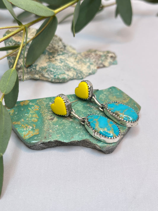 Yellow Rosarita ♡ Hearts & Kingman Turquoise Dangle Earrings | Stud Post