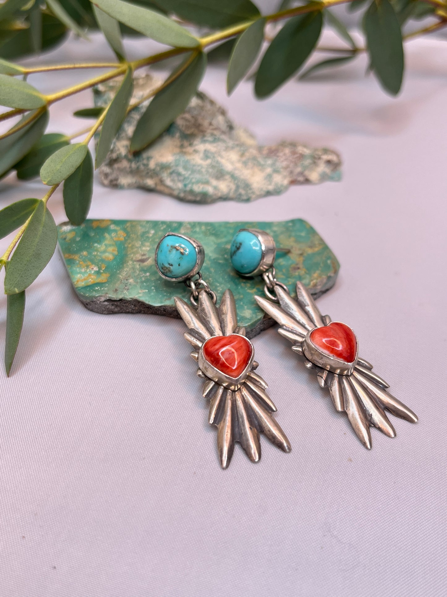 Spiny Oyster ♡ Heart & Turquoise SunBurst Dangle Earrings | Stud Post
