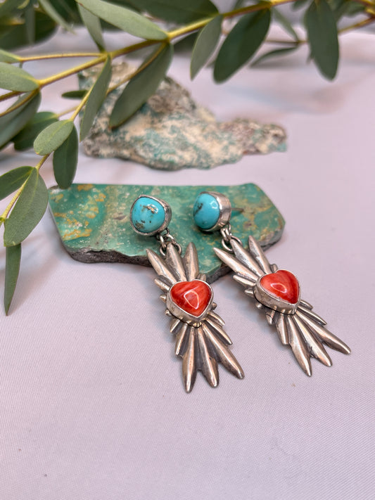 Spiny Oyster ♡ Heart & Turquoise SunBurst Dangle Earrings | Stud Post