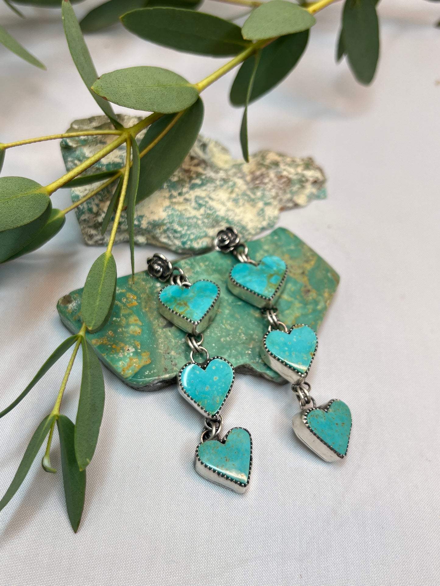 Tri-Heart ♡ Turquoise Dangle Earrings with Rose Top | Stud Post
