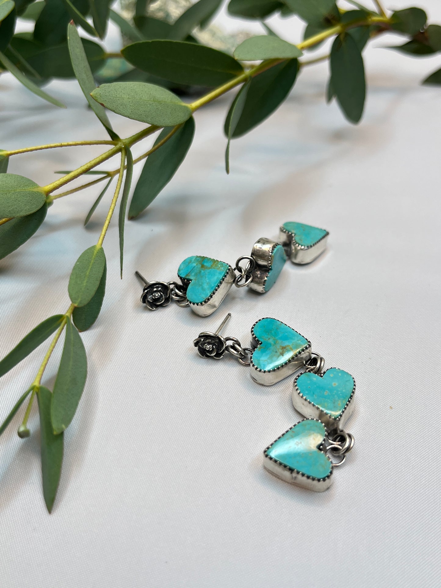 Tri-Heart ♡ Turquoise Dangle Earrings with Rose Top | Stud Post