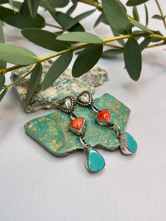 Spiny Oyster ♡ Heart & Turquoise Dangle Earrings | Stud Post