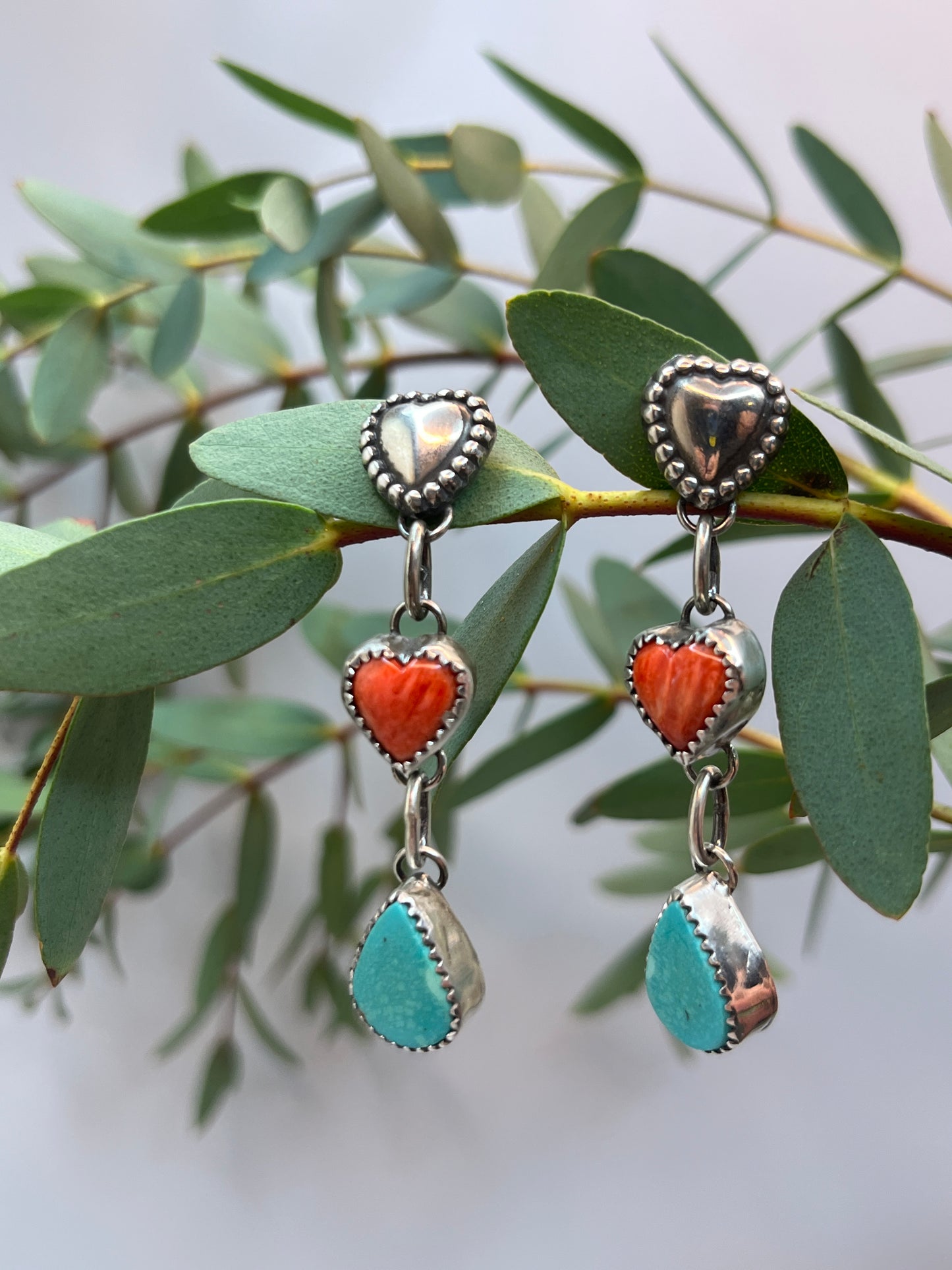 Spiny Oyster ♡ Heart & Turquoise Dangle Earrings | Stud Post