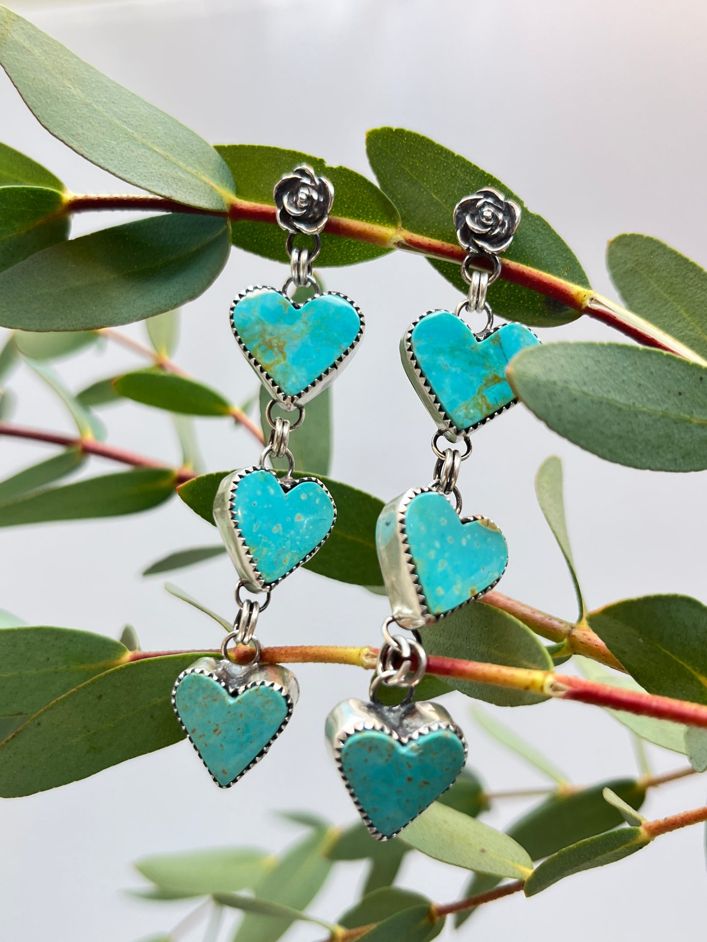 Tri-Heart ♡ Turquoise Dangle Earrings with Rose Top | Stud Post