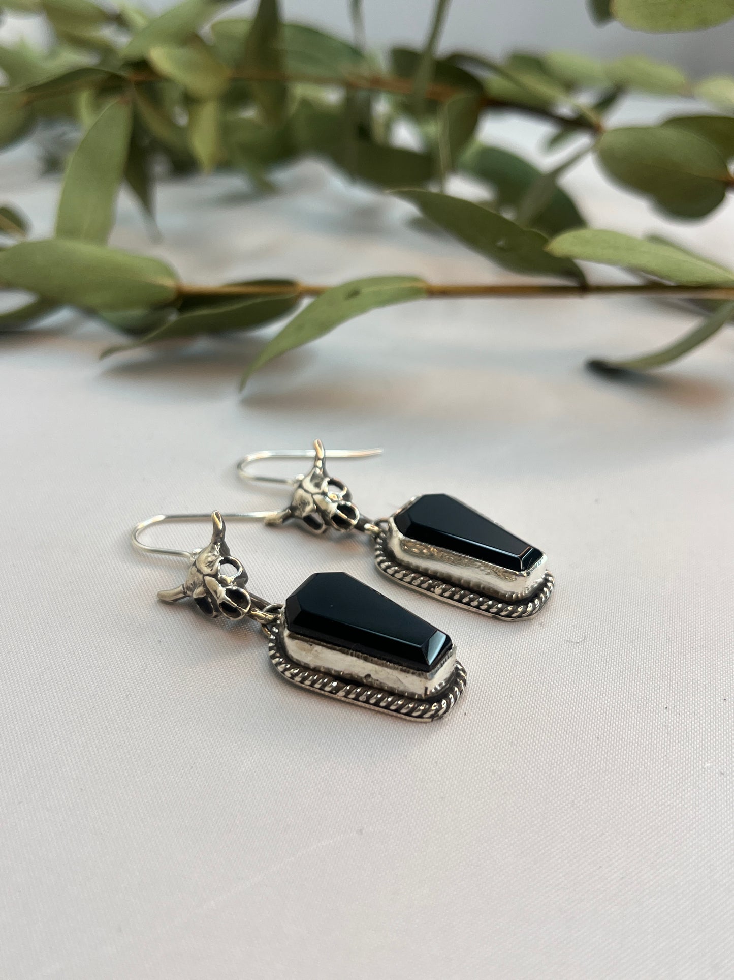 Buffalo Skull & Black Onyx Coffin Cut Earrings