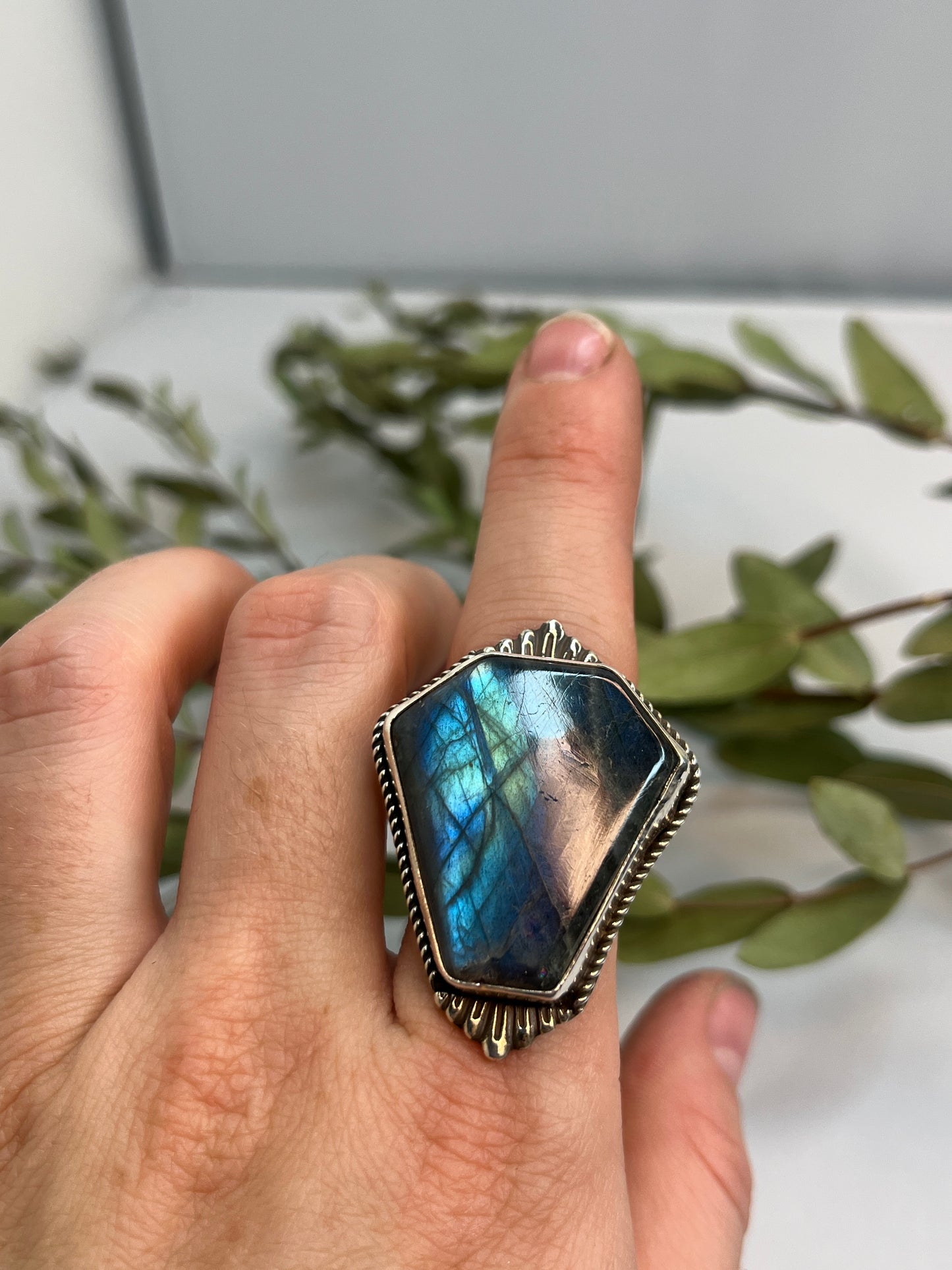 Labradorite Coffin Cut Ring | Size 8