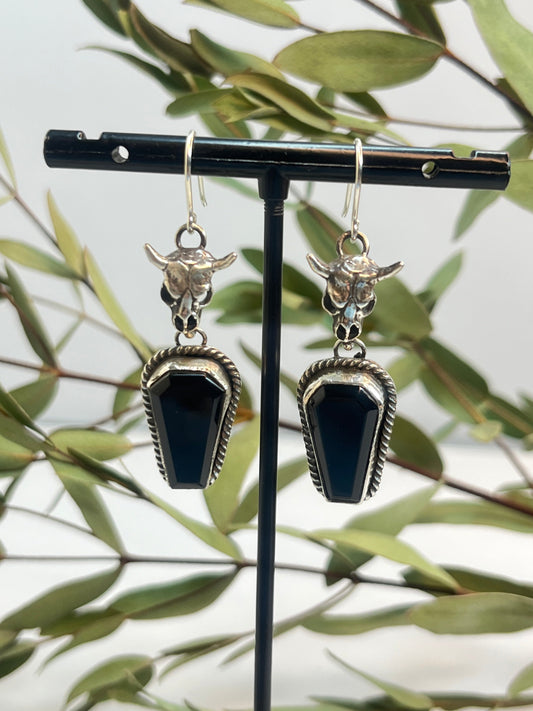 Buffalo Skull & Black Onyx Coffin Cut Earrings