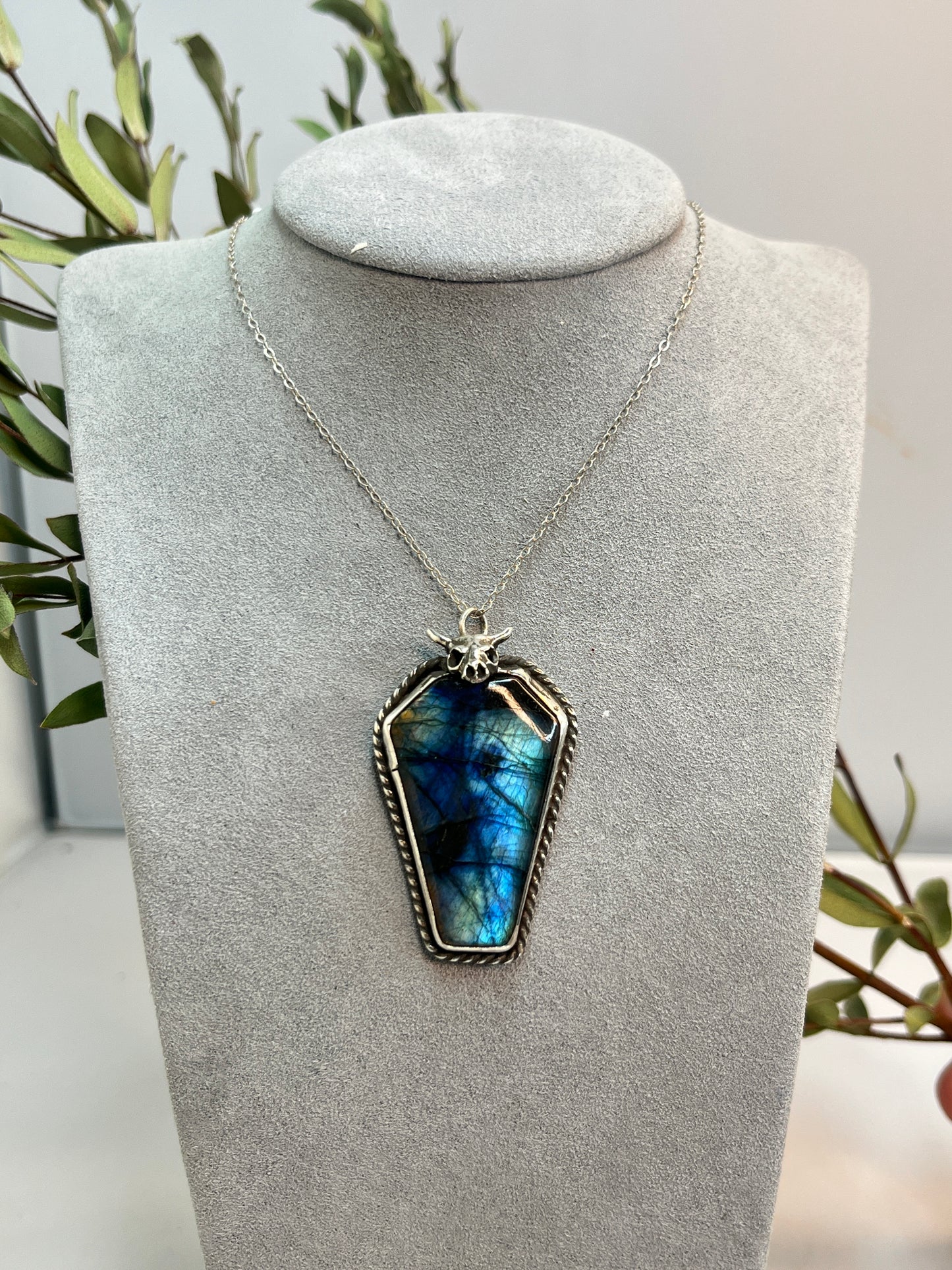 Buffalo Skull & Labradorite Coffin Cut Pendant