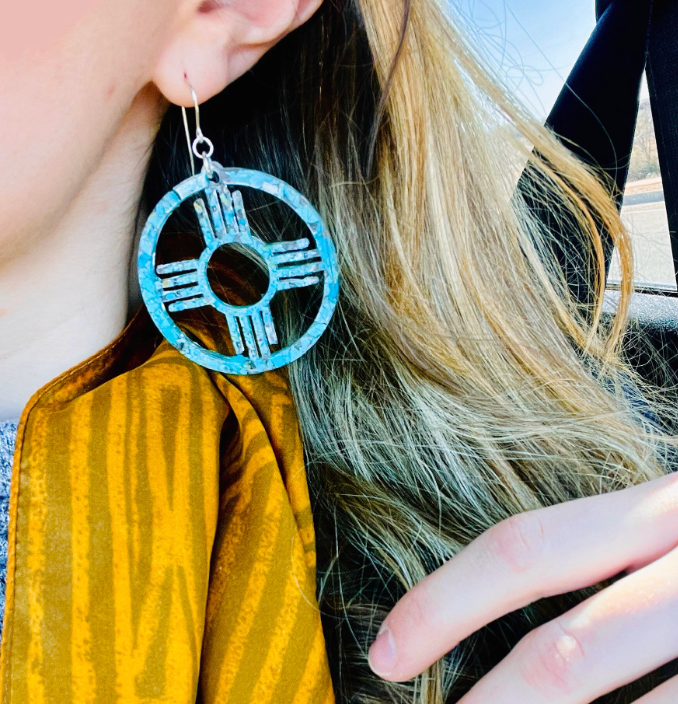 Large crushed Turquoise Zia Southwest ‘Enchanted ZIA’ Round Dangle Resin Earrings