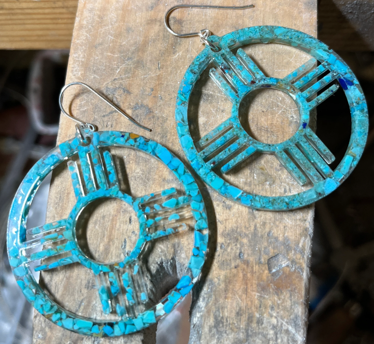 Large crushed Turquoise Zia Southwest ‘Enchanted ZIA’ Round Dangle Resin Earrings