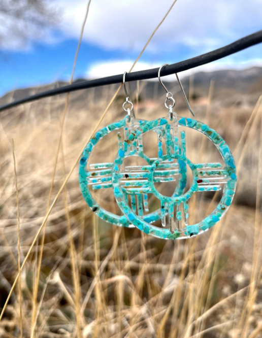 Large crushed Turquoise Zia Southwest ‘Enchanted ZIA’ Round Dangle Resin Earrings