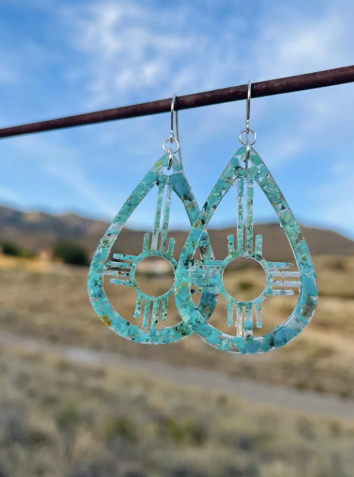 Crushed Turquoise Zia Southwest ‘Enchanted ZIA’ Dangle Resin Earrings