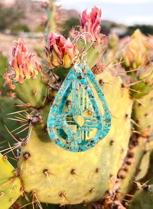 Crushed Turquoise Zia Southwest ‘Enchanted ZIA’ Heart Dangle Resin Earrings